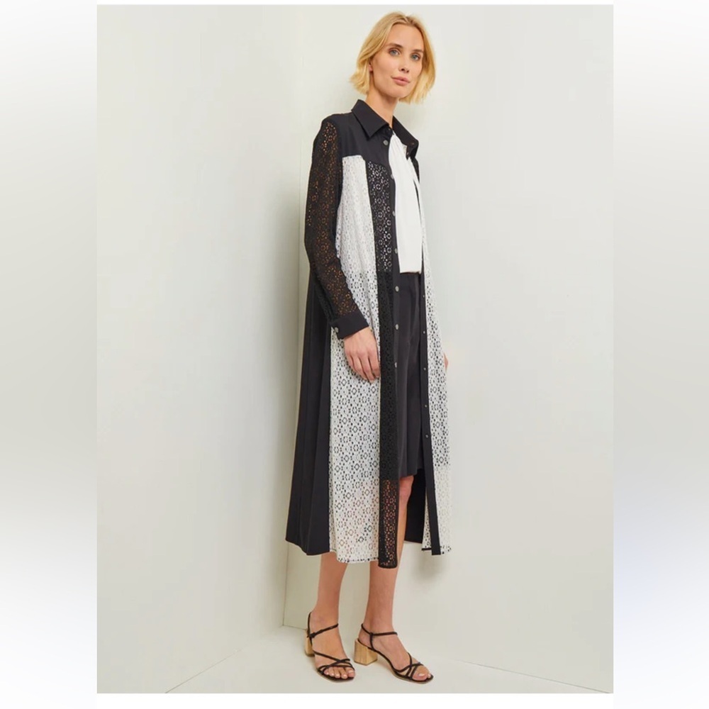Misook Tailored Fit Longline Duster Jacket - Colorblock Lace Woven XS